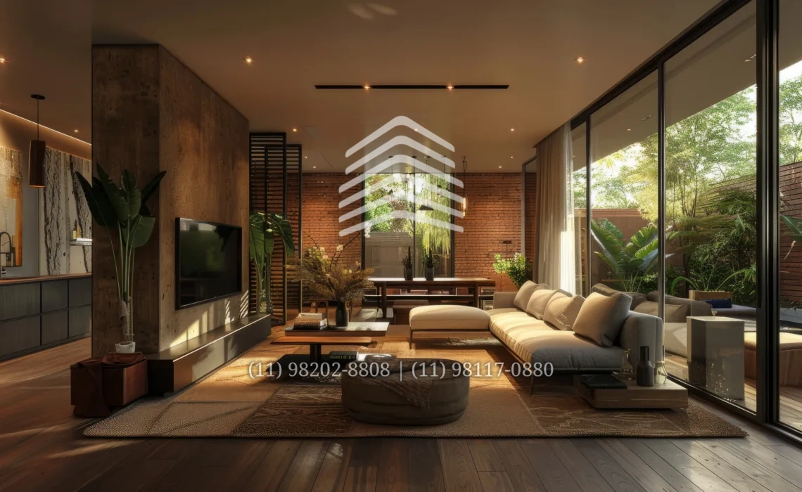 A modern living room with a large sofa, coffee table, and rug. There is a large window that lets in natural light. The room is decorated with plants and has a warm and inviting atmosphere.