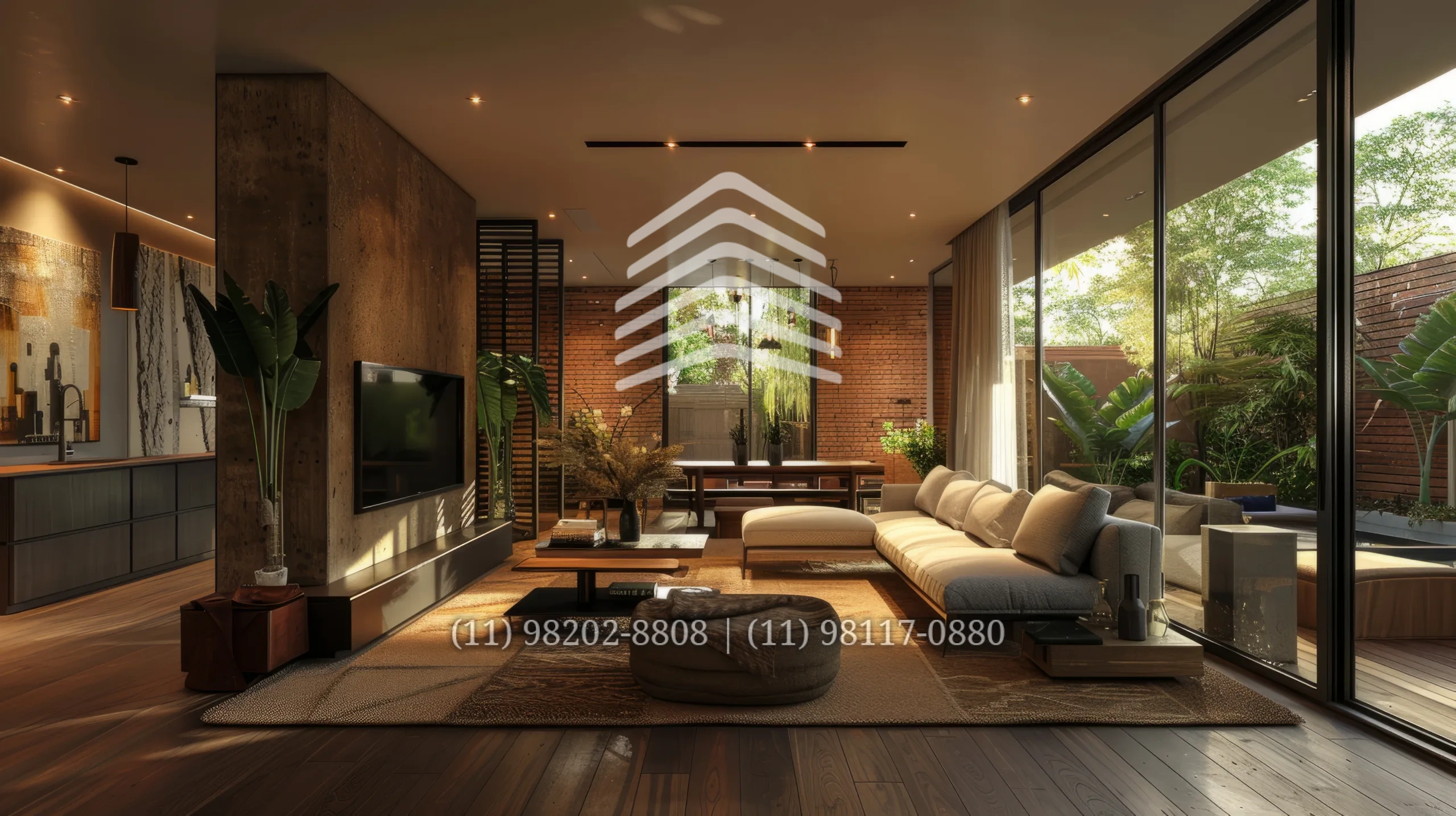A modern living room with a large sofa, coffee table, and rug. There is a large window that lets in natural light. The room is decorated with plants and has a warm and inviting atmosphere.